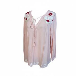 New Magazine Pink Embroidered Bohemian Cotton Peasant Tunic Blouse NWT Sz M